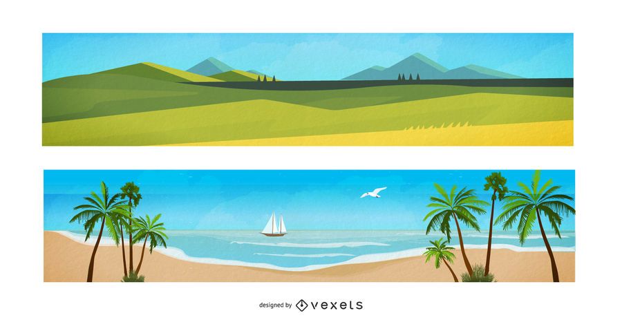 Watercolor Landscape Cartoon Banners Watercolor Landscape Cartoon Banners