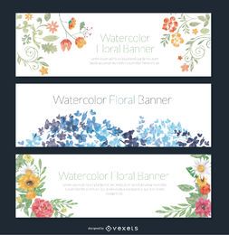 Feines Set von 3 Aquarell-Blumenbannern