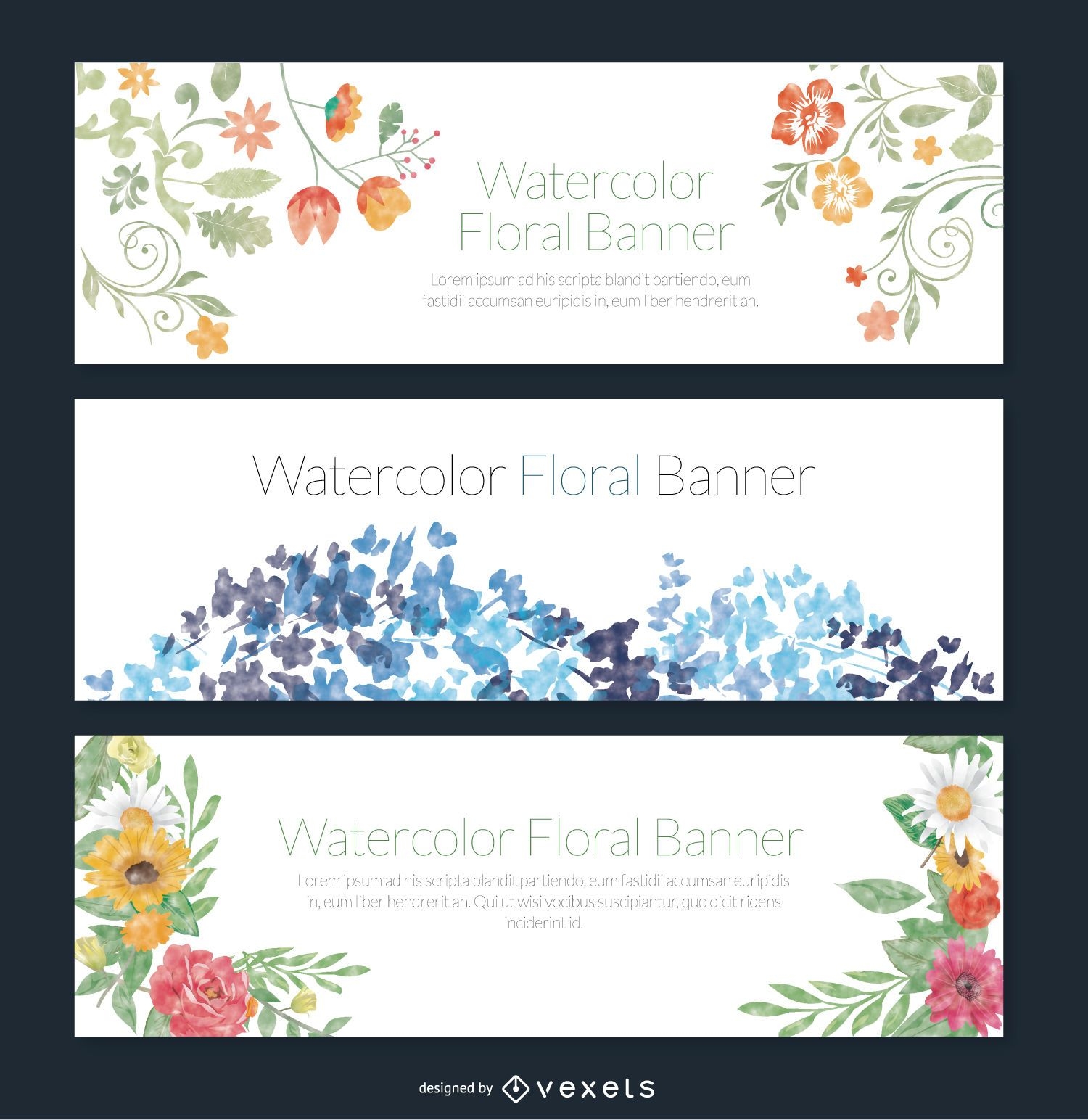 Conjunto delicado de 3 banners florais em aquarela