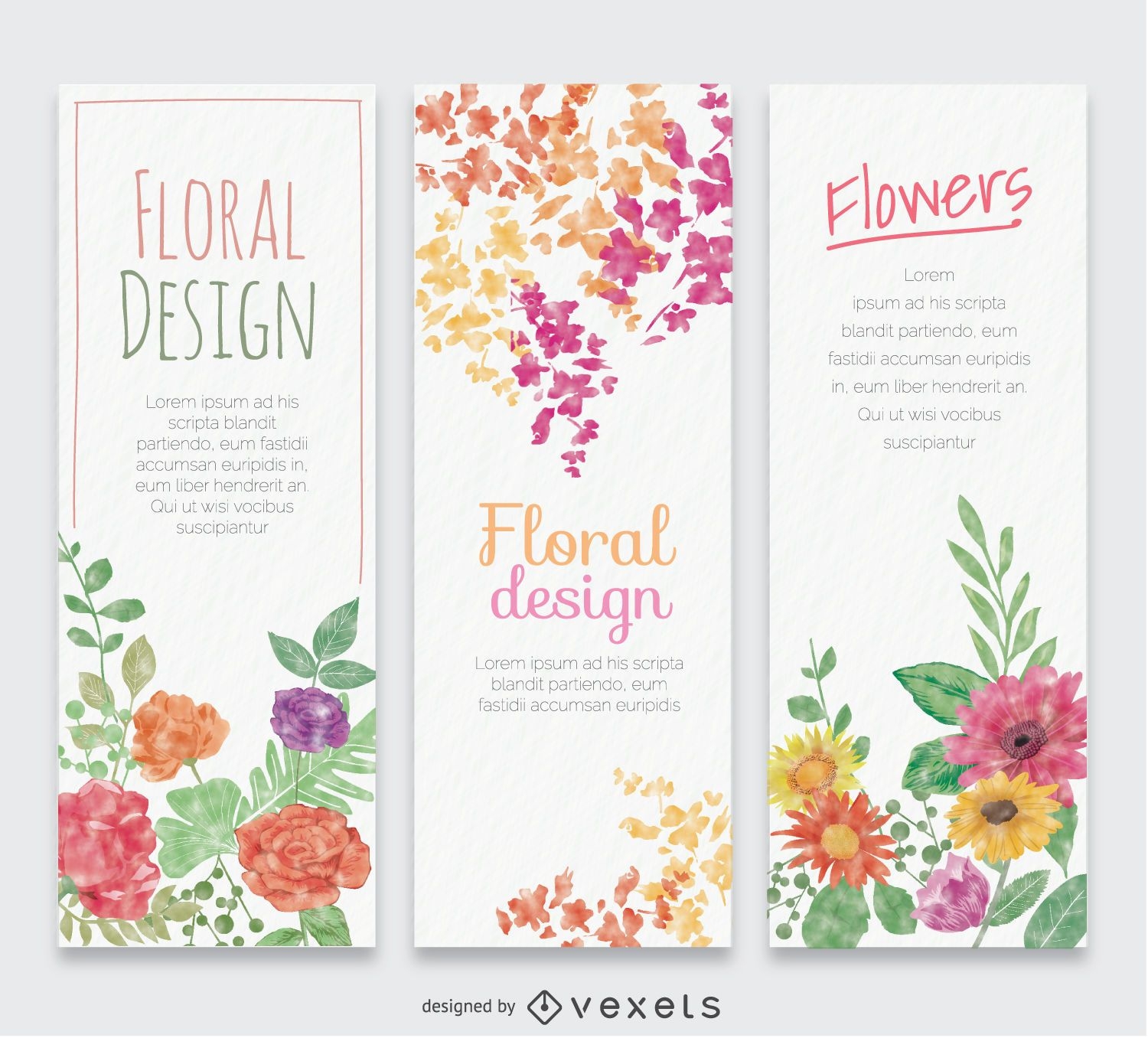 3 banners verticais em aquarela de flores