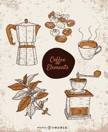 Conjunto de elementos de café dibujados a mano