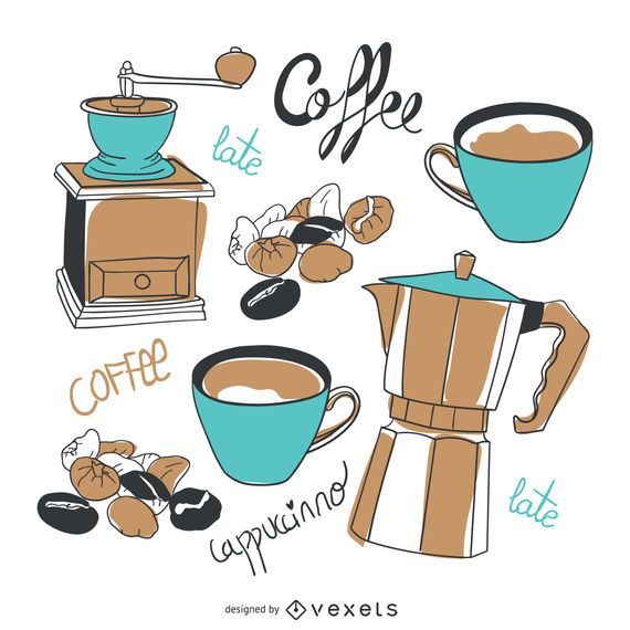 Conjunto de elementos de café em estilo desenhado à mão Conjunto de elementos de café em estilo desenhado à mão