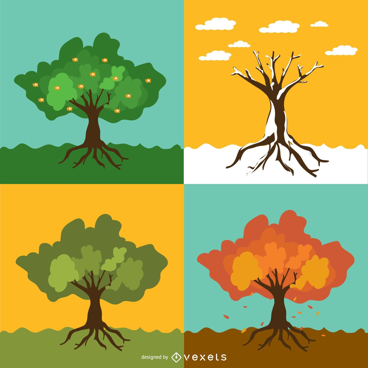 Set von 4 saisonalen Bäumen