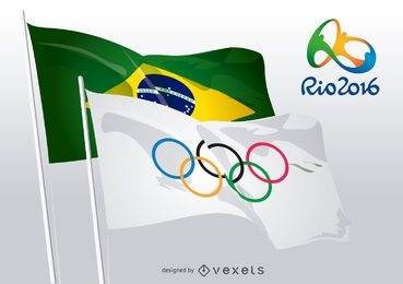 Rio 2016 - Olympic rings and Brazilian flags