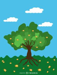Cartoon Spring tree over blue sky