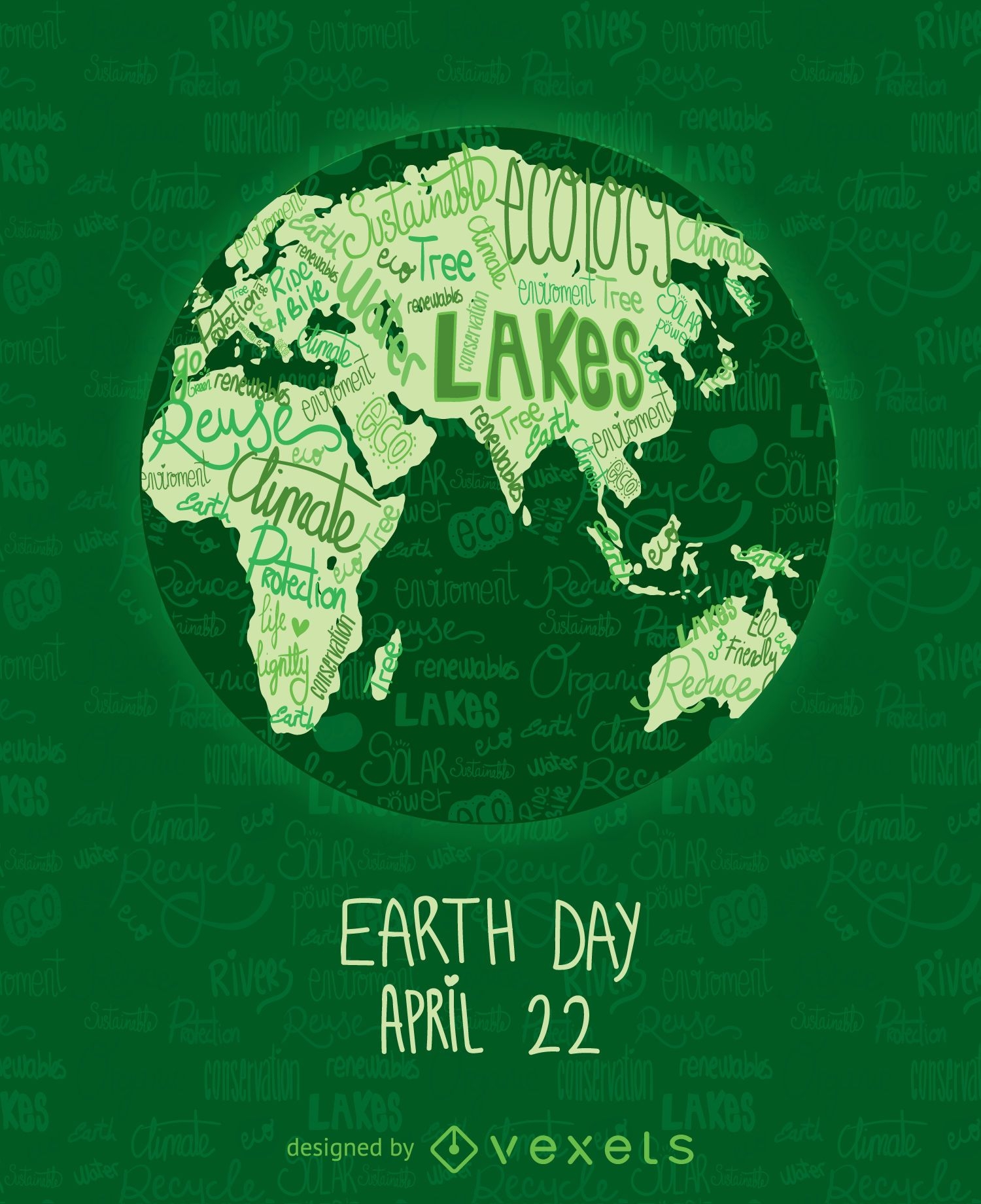 Cartaz do Dia da Terra com mapa-múndi escrito