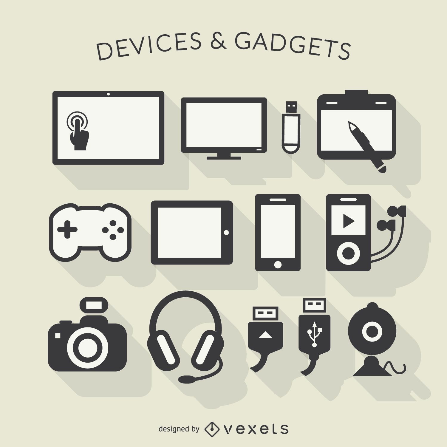 Iconos de la larga sombra de dispositivos electrónicos