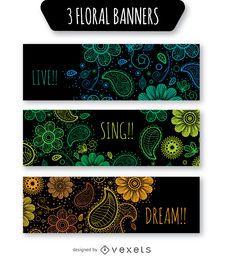 Floral banner set over black background