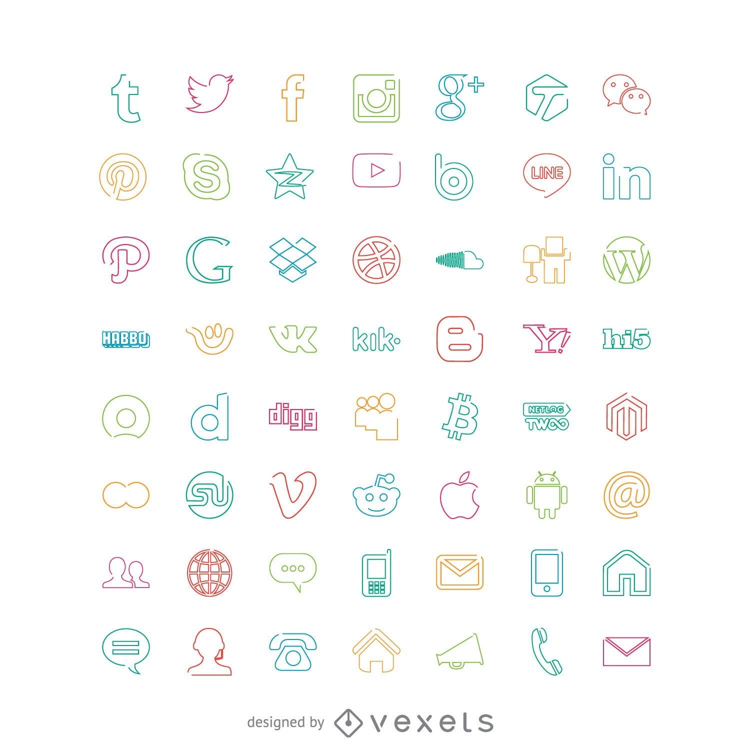 Social icons set in bright colors