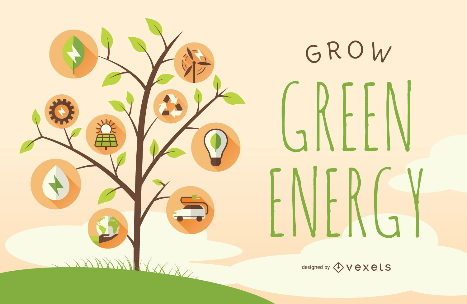 Banner de energía verde con árbol e iconos.