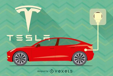 Red Tesla car vector with logo and plug Red Tesla car vector with logo and plug