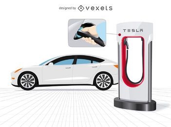 Tesla car with charger and close up