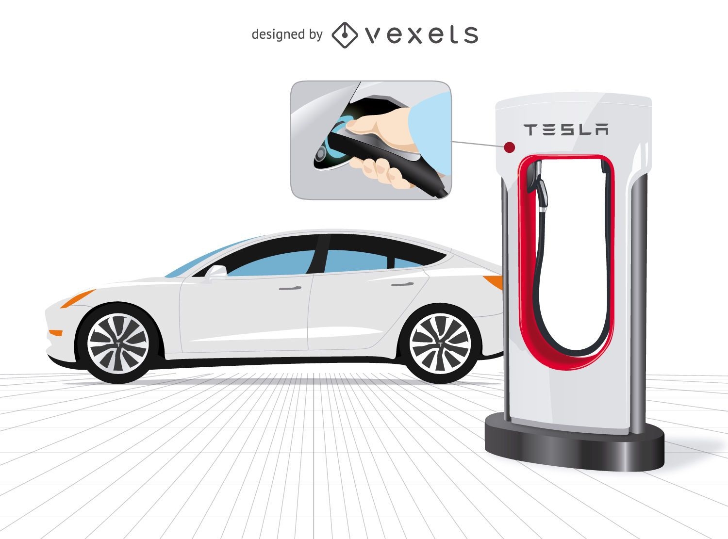 Carro Tesla com carregador e close-up