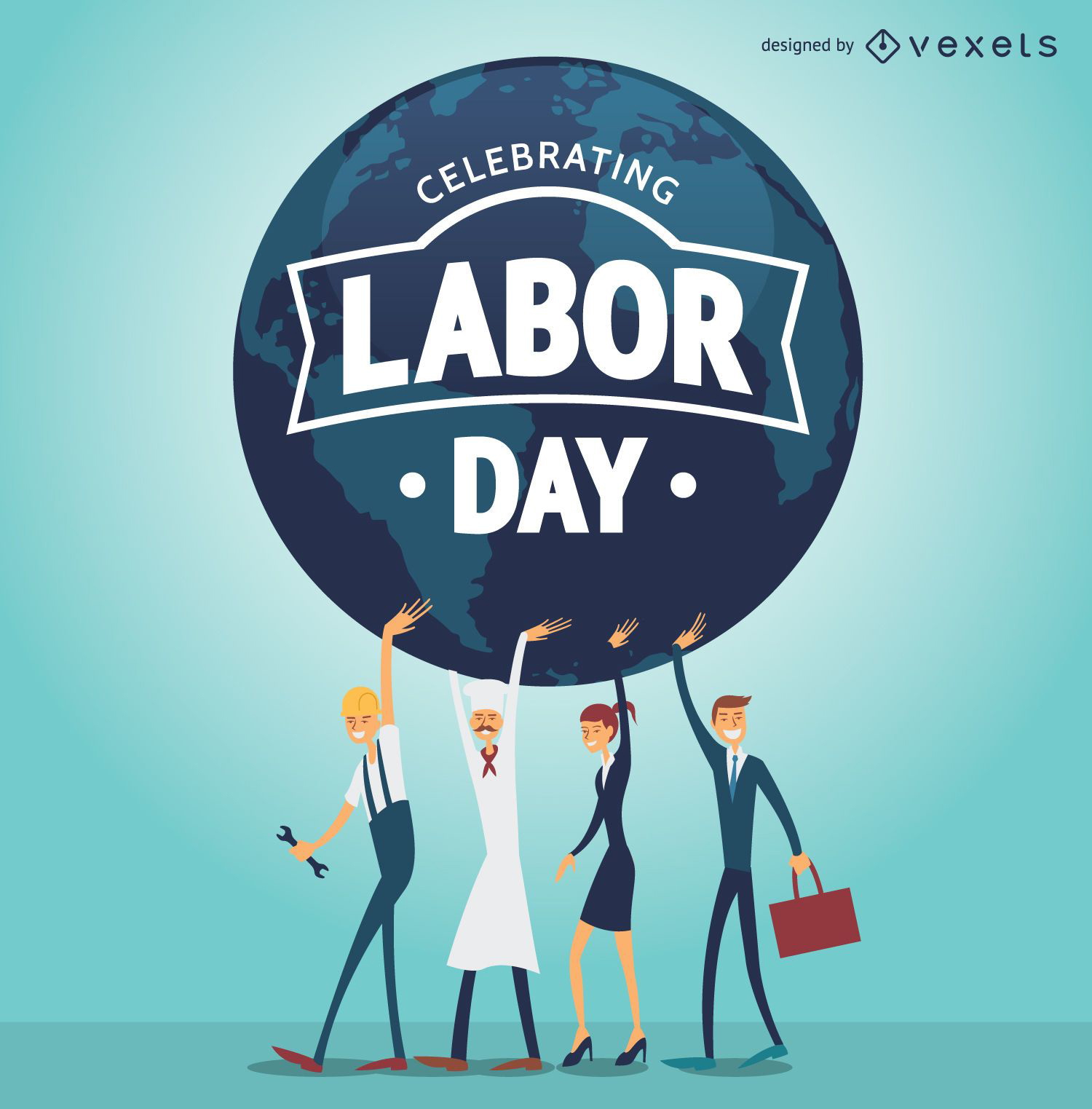 Labor Day with workers holding the world