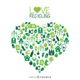 Coração com ícones de reciclagem e meio ambiente