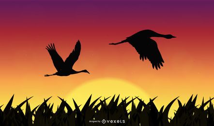 Sol con pájaros volando