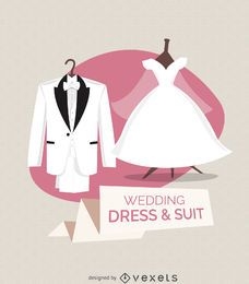 Ilustração de vestido de noiva e terno
