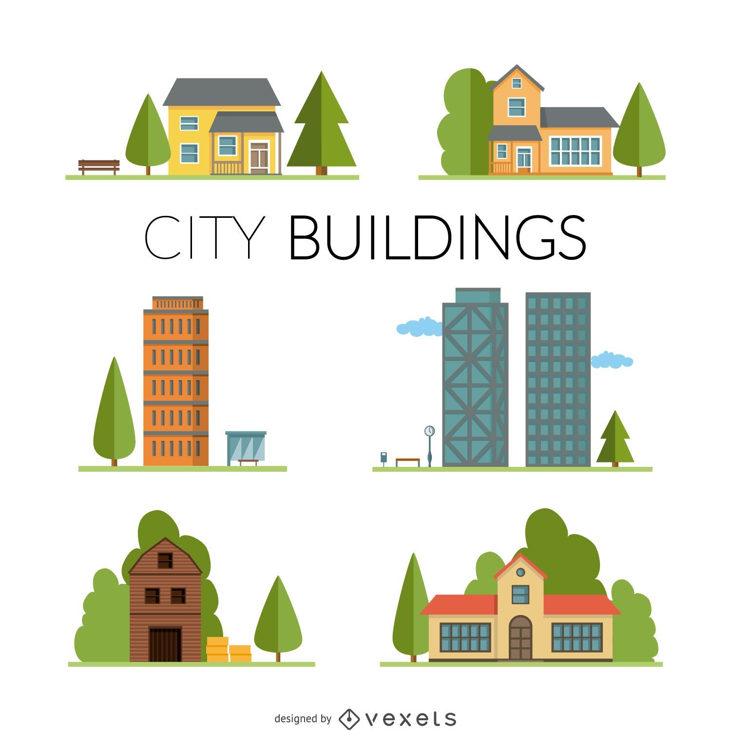 Conjunto de ilustração de casas e edifícios