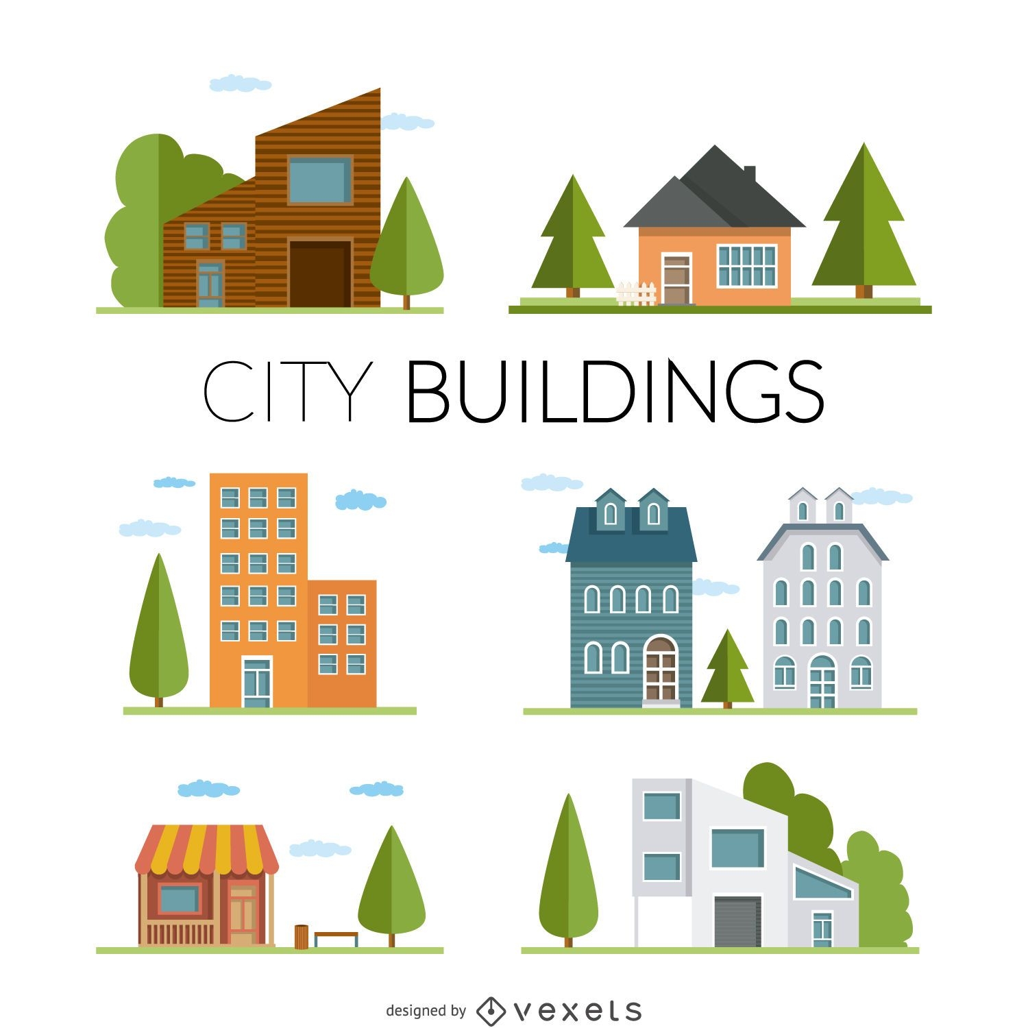 Ilustración de casas y edificios planos