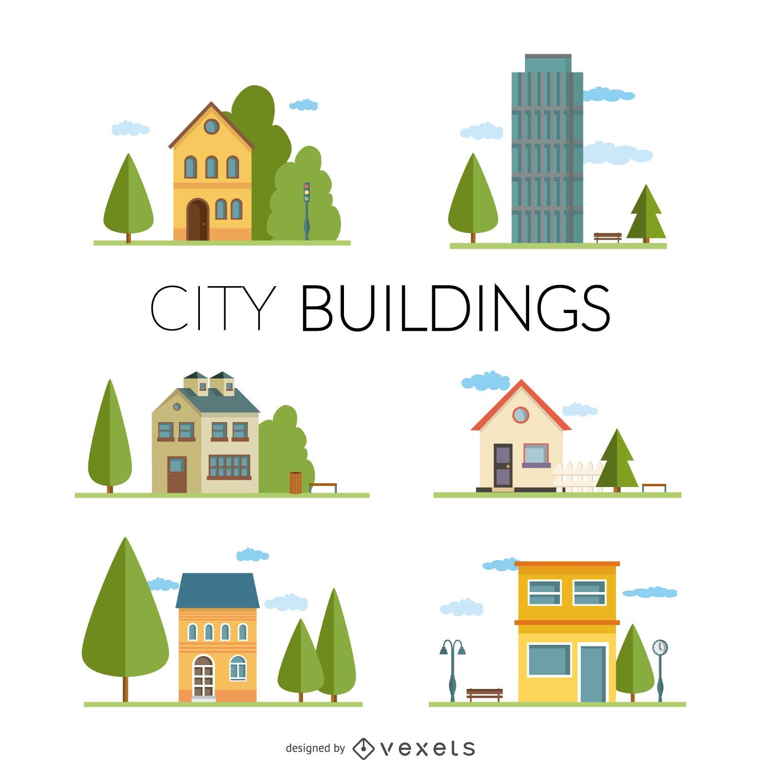 Ilustraciones de edificios de la ciudad plana