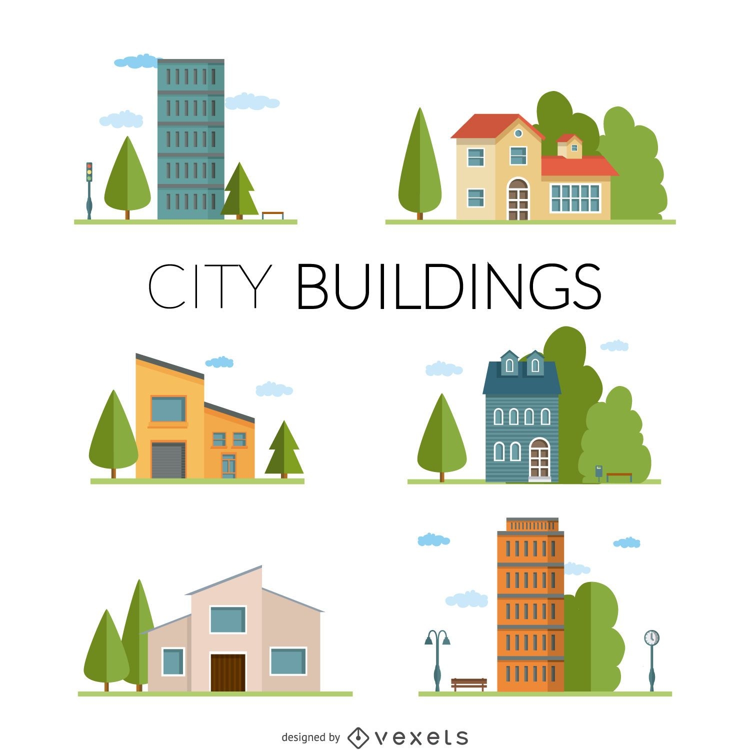 Conjunto de ilustração de edifícios de cidade plana