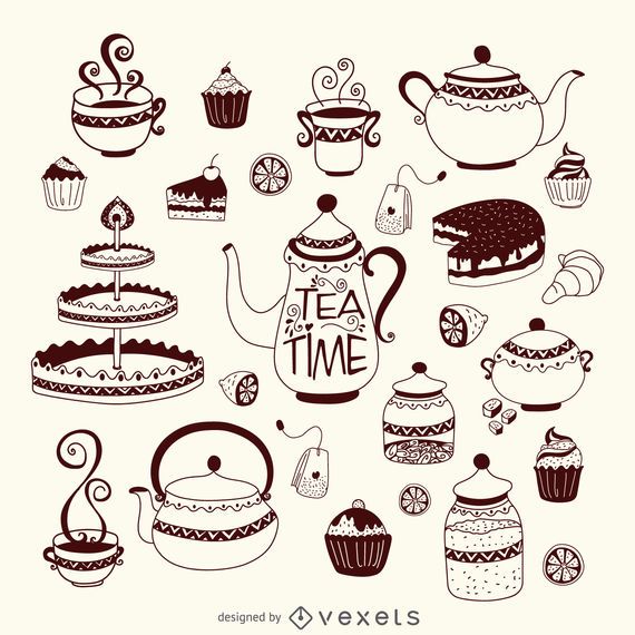Hand-drawn tea time set Hand-drawn tea time set
