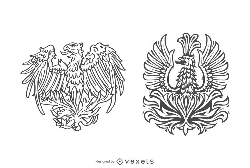 Dibujado a mano conjunto de aves phoenix Dibujado a mano conjunto de aves phoenix