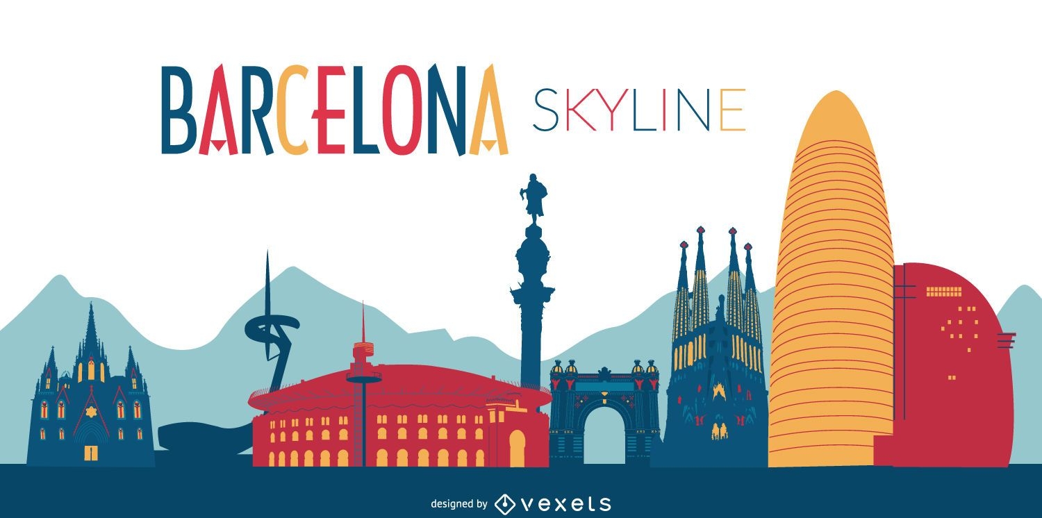Colorful Barcelona skyline illustration