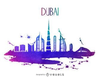 Silhueta do horizonte em aquarela de Dubai