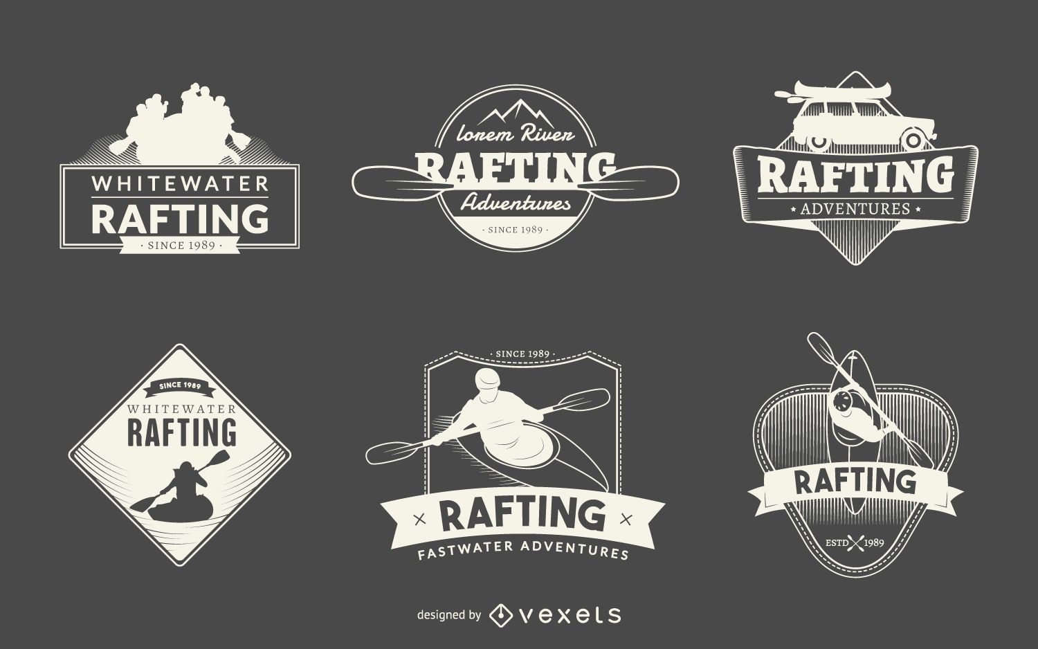Colección de insignias con logotipos de rafting