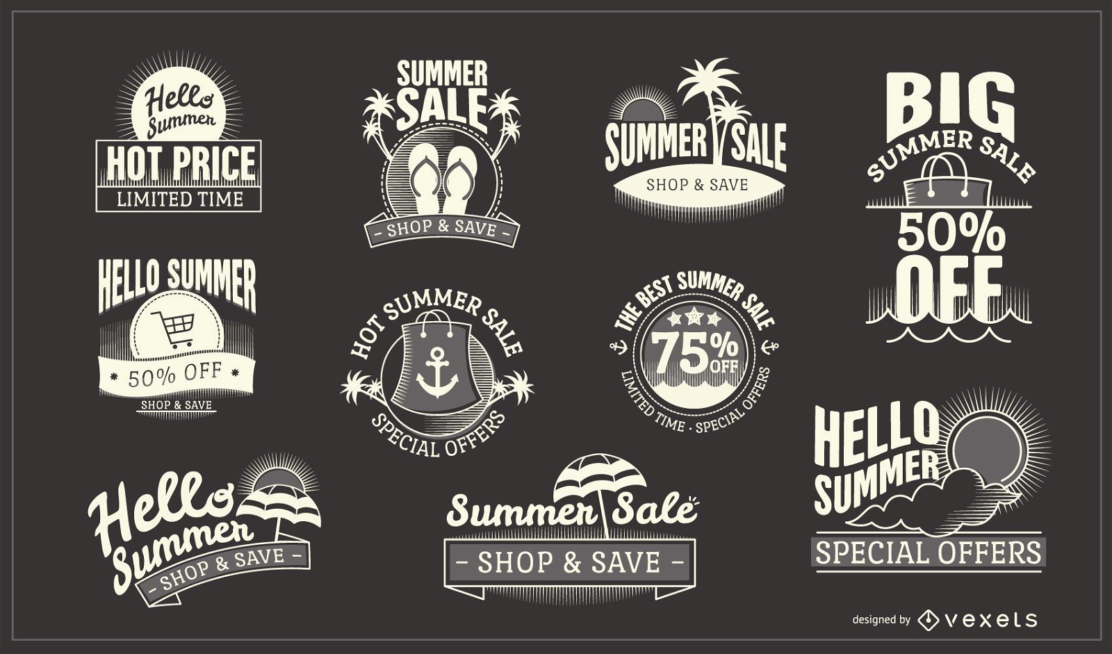 Coleção de design de emblemas comerciais de verão