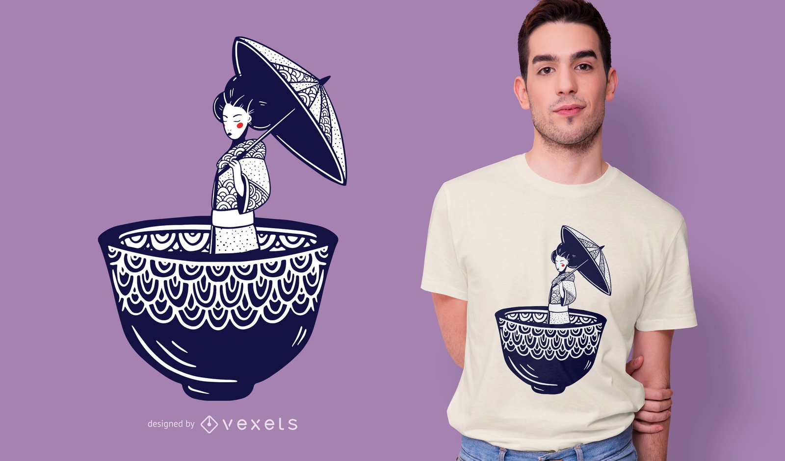 Diseño de camiseta de tazón de geisha japonesa