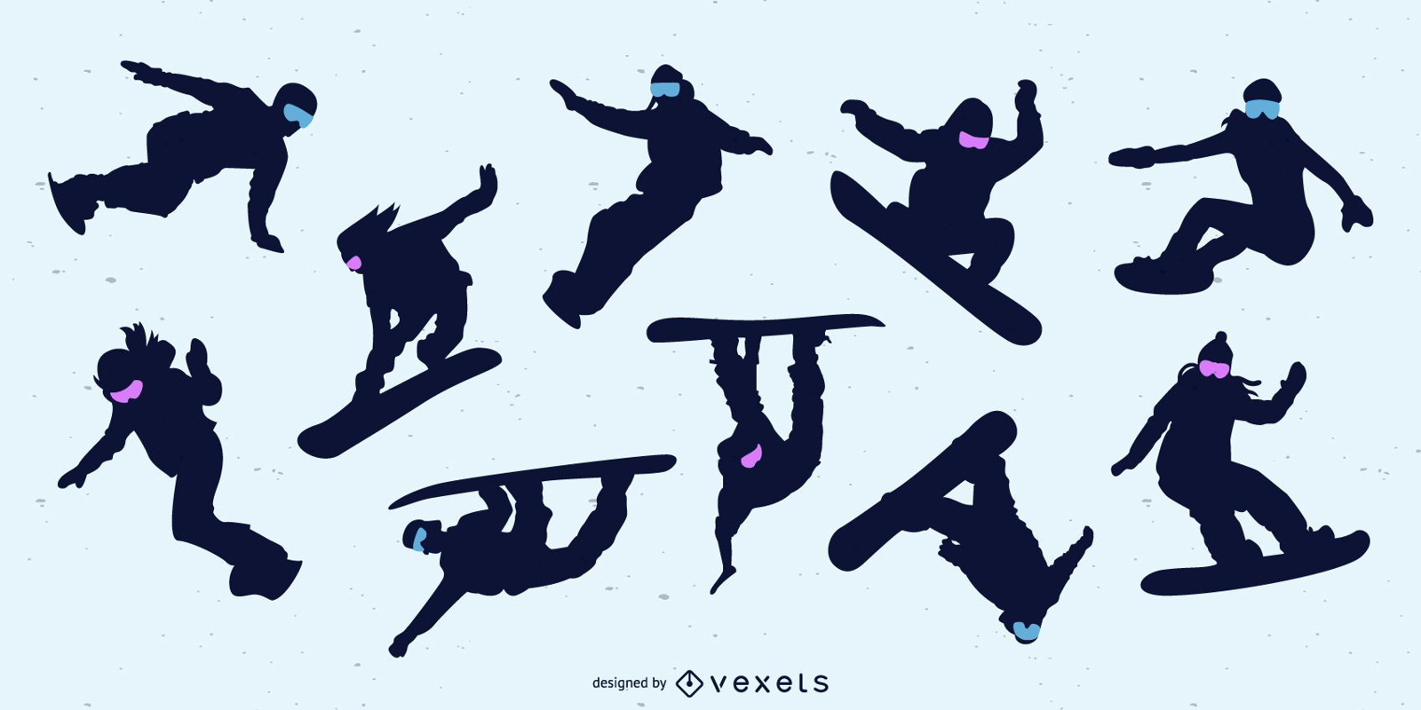 Conjunto de silhuetas de pessoas para snowboard