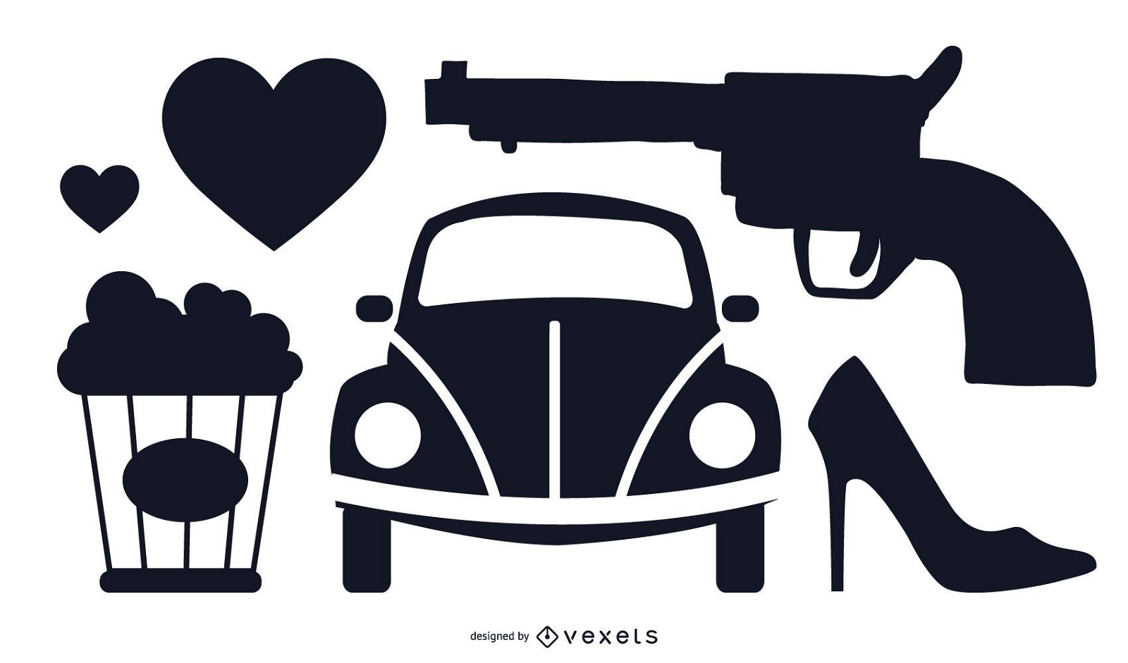 Kostenlose Vektor-Set mit mehreren Auto Pistole Schuh Popcorn Liebesherzen Objekte