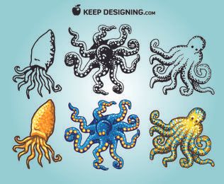 Paquete de pulpo de colores y esbozos funky