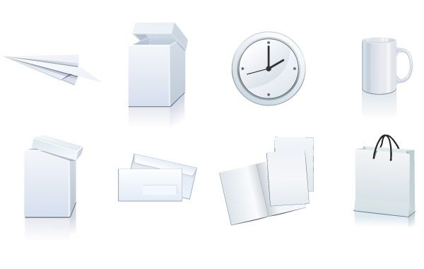 Conjunto de vetores: embalagem de papel branco e elementos de papelaria