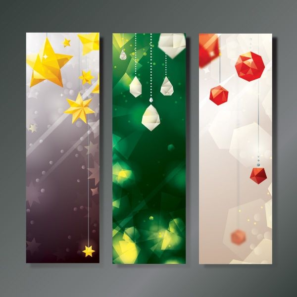 3 banners de Natal com diamantes e estrelas