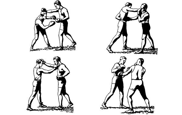 Boxeadores da época em posições clássicas de boxe socos